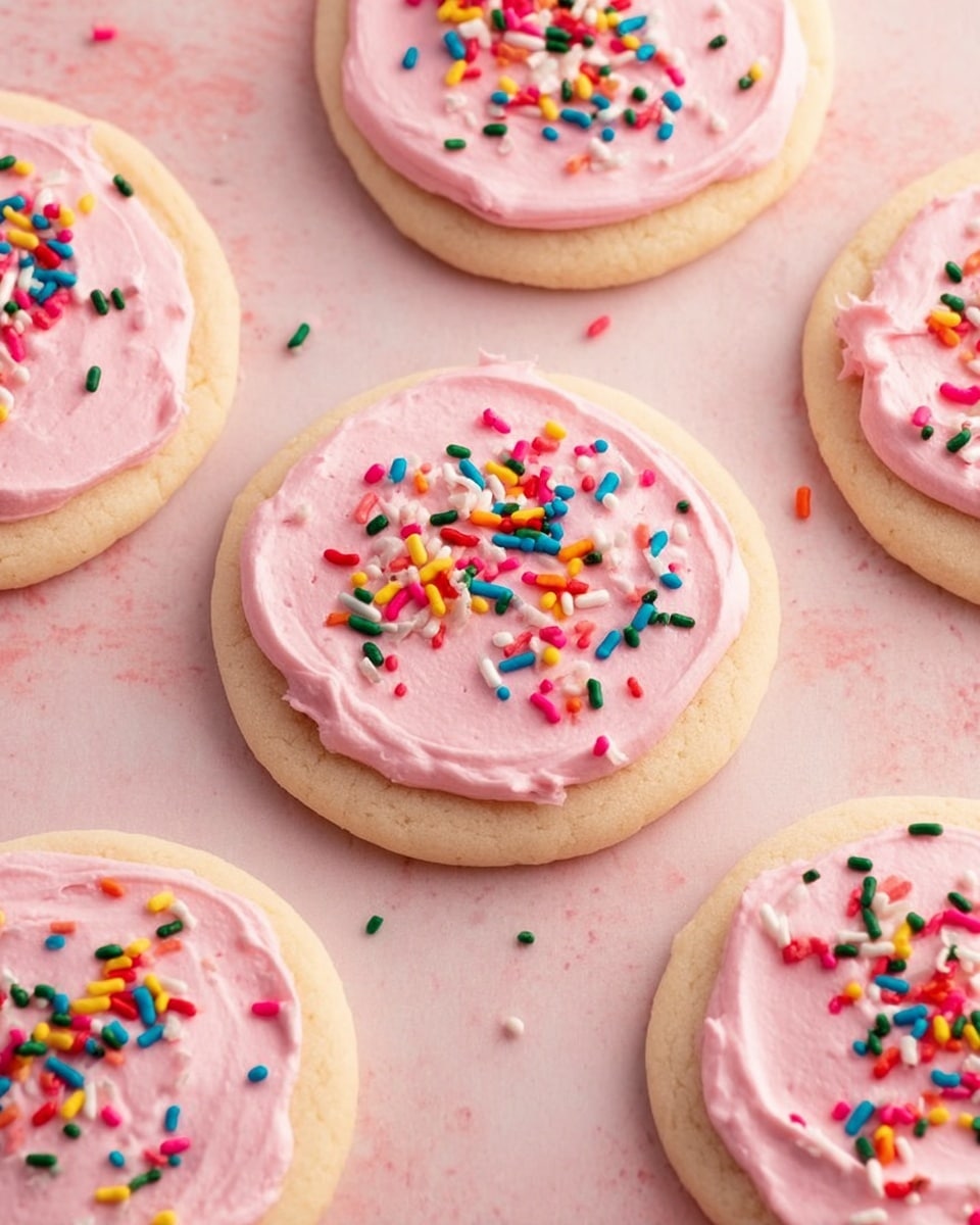 The image shows several round sugar cookies with a smooth light beige base layer. Each cookie has a thick layer of soft, creamy pink frosting spread unevenly on top. This frosting is decorated with small, colorful sprinkles in red, green, blue, white, yellow, orange, and pink scattered randomly across the surface. The cookies are laid out on a light pink surface with a slightly textured finish, but the background should be imagined as a white marbled texture. The photo taken with an iphone --ar 4:5 --v 7