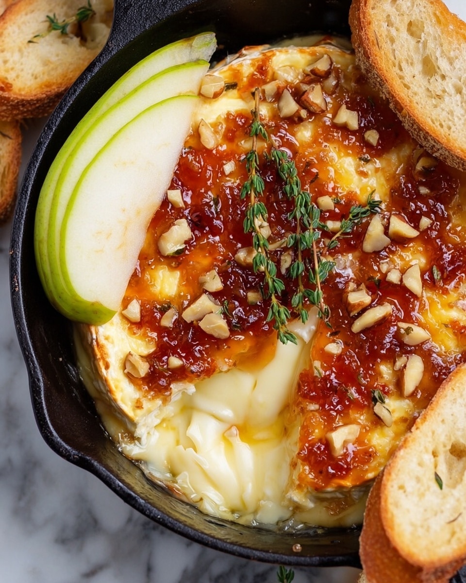 The image shows a black cast iron skillet placed on a white marbled surface, filled with a round baked wheel of soft cheese that is topped with a shiny drizzle of honey and chopped nuts, garnished with fresh green thyme sprigs. Around the cheese are even layers of light golden toasted bread slices on the left, thin red apple slices with a hint of green skin on the upper right, and long, curved slices of fresh green pear on the lower left. A woman's hand is holding one bread slice gently placed on the cheese. The overall look combines warm golden, creamy white, and fresh red and green colors in a cozy, rustic style photo taken with an iphone --ar 4:5 --v 7