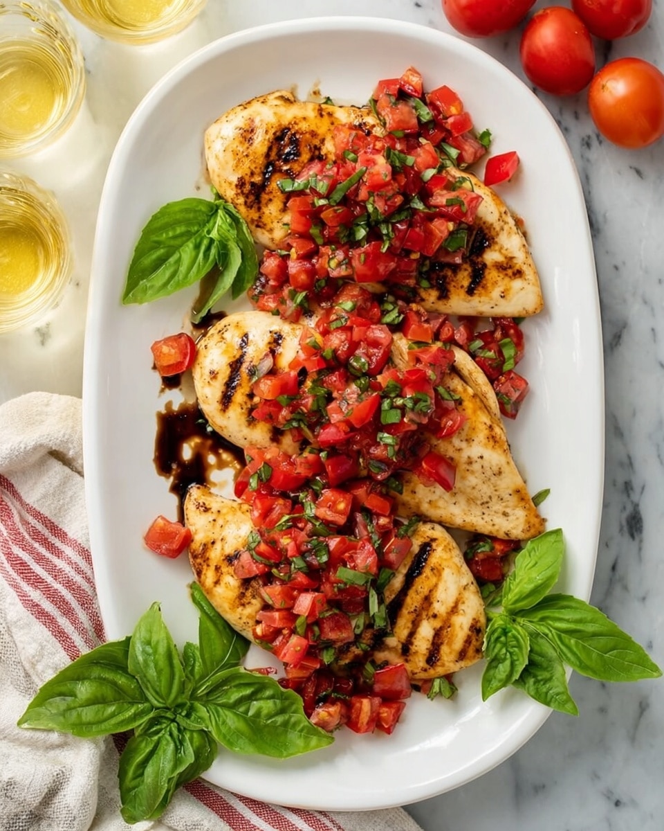 A white oval plate holds three grilled chicken breasts with clear golden-brown grill marks, stacked slightly overlapping. On top of each chicken breast, there is a fresh pile of diced red tomatoes mixed with finely chopped green basil leaves. A dark balsamic glaze is drizzled over the chicken and tomato mixture, adding contrast. A few whole fresh basil leaves lay around the edges of the plate. The scene is set on a white marbled surface with a striped cloth near the top left and a few whole tomatoes and glasses with light yellow liquid visible nearby. photo taken with an iphone --ar 4:5 --v 7
