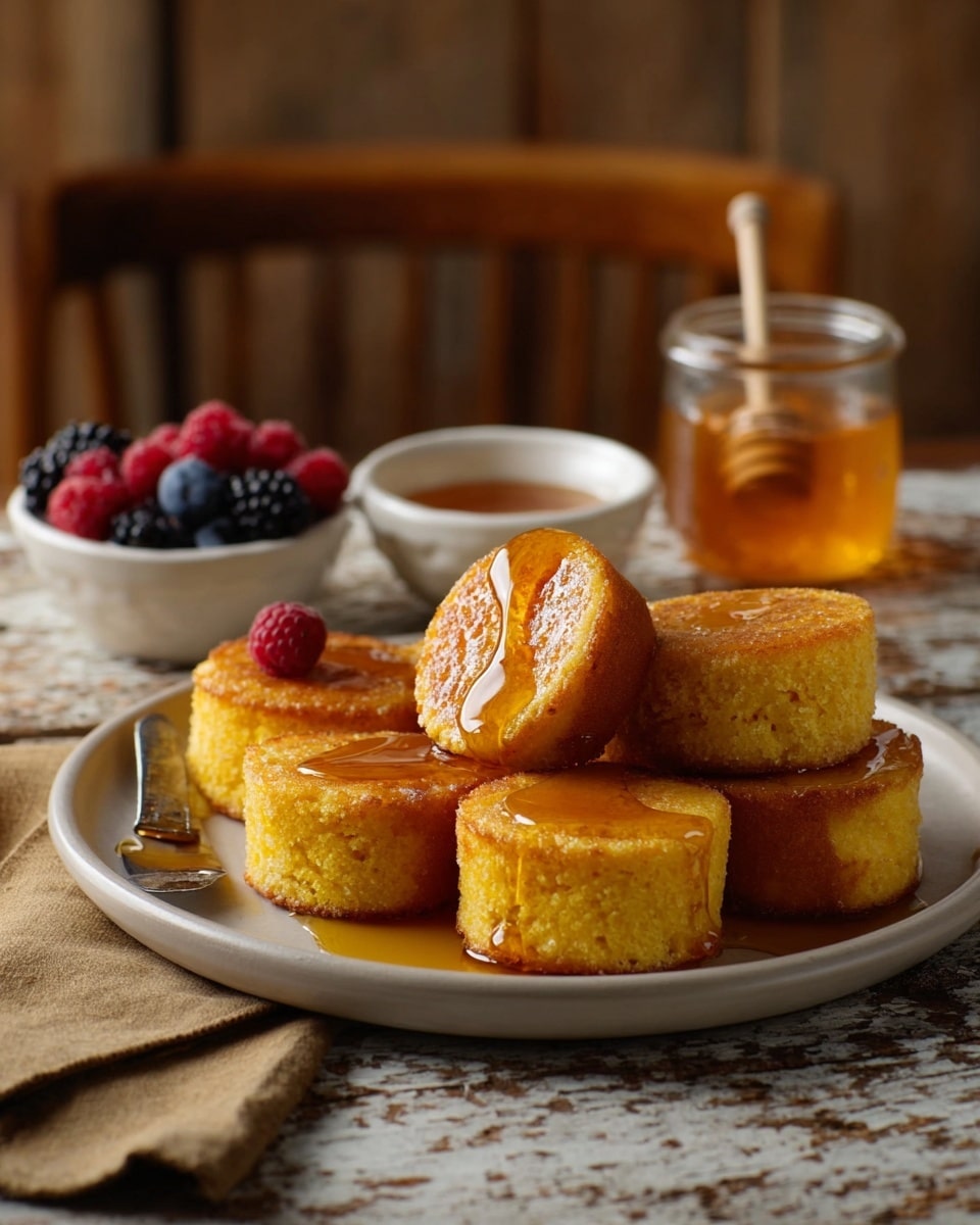 A white plate holds six round, golden-brown cornbread muffins stacked slightly on top of each other, with a smooth, shiny layer of amber syrup drizzled over them, pooling a bit on the plate. Behind the plate, a small white bowl filled with more amber syrup sits to the right, and to the left, a small white bowl contains a mix of red raspberries, dark blueberries, and blackberries. Further behind is a glass jar filled with orange juice and a light wooden spoon resting inside. The scene is set on a rustic wooden table with a softly blurred brown wood background. A knife with a brown handle and a beige cloth napkin are placed next to the syrup bowl. photo taken with an iphone --ar 4:5 --v 7