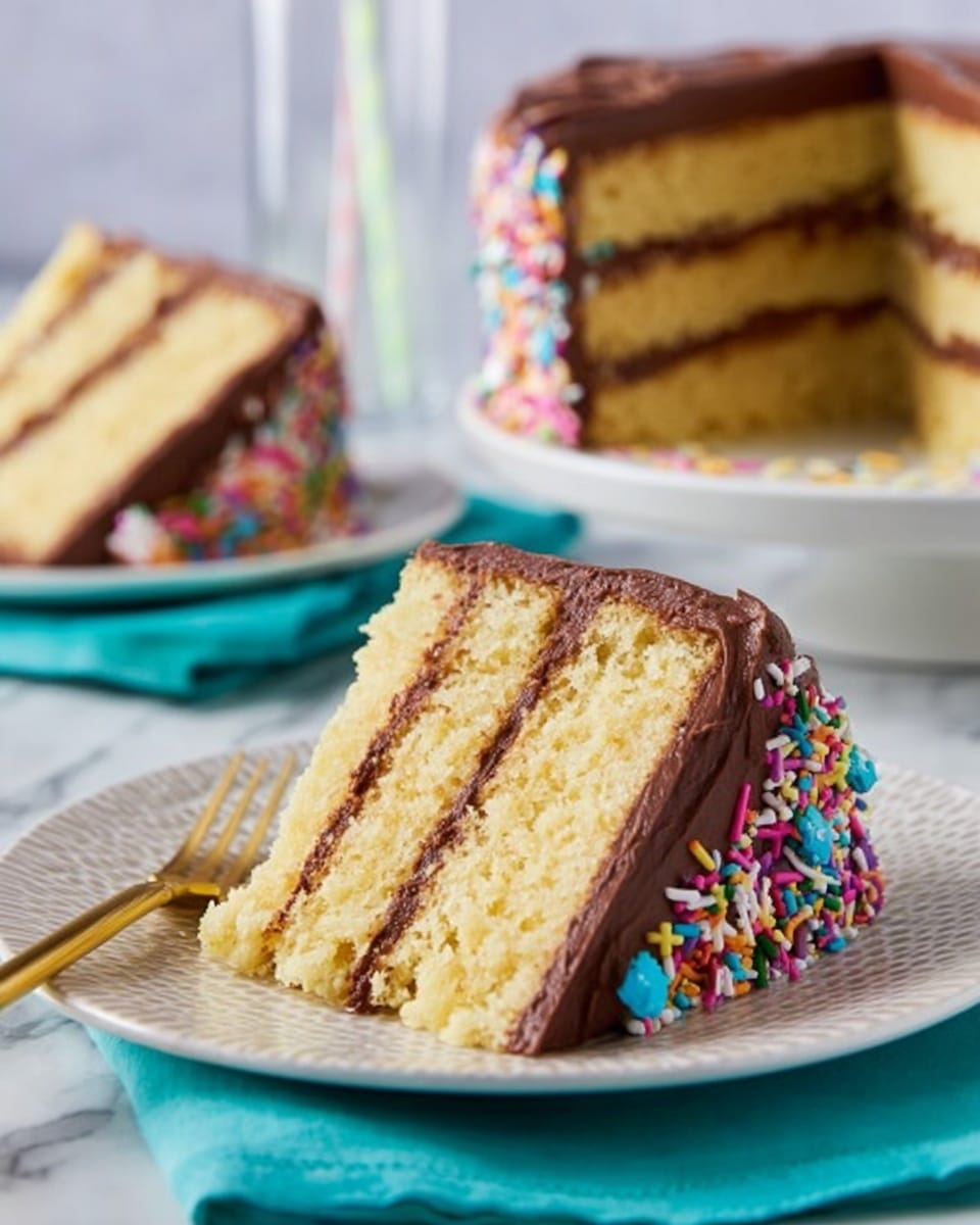 A slice of layered cake is placed on a white plate with a textured pattern, sitting on a white marbled surface with a bright turquoise cloth and gold fork beside it. The cake has two tall, slightly crumbly yellow layers filled and covered on top and sides with thick, smooth chocolate frosting. Colorful round and rod sprinkles decorate the edges of the frosting on the slice and the whole cake in the background. The background shows more pieces of the same cake on similar white plates, with a white straw coming out of a glass behind them. photo taken with an iphone --ar 4:5 --v 7