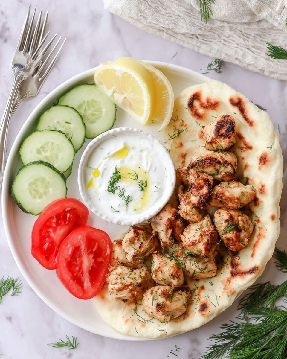 The dish shows a white round plate with a soft, grilled flatbread as the base layer, light beige with char marks. On top, there are several golden brown grilled chicken pieces sprinkled with green herbs, clustered in the right half of the plate. The left half has fresh vegetable slices: five pale green cucumber slices arranged in a fan shape, and three bright red tomato wedges placed near the top and bottom edges. At the top center of the plate, two thin lemon wedges sit on the flatbread. A small white dipping bowl filled with white creamy sauce garnished with a few dill leaves and a drizzle of olive oil is placed in the lower left corner of the plate. The plate rests on a white marbled surface with two silver forks and some green herb sprigs nearby. photo taken with an iphone --ar 4:5 --v 7