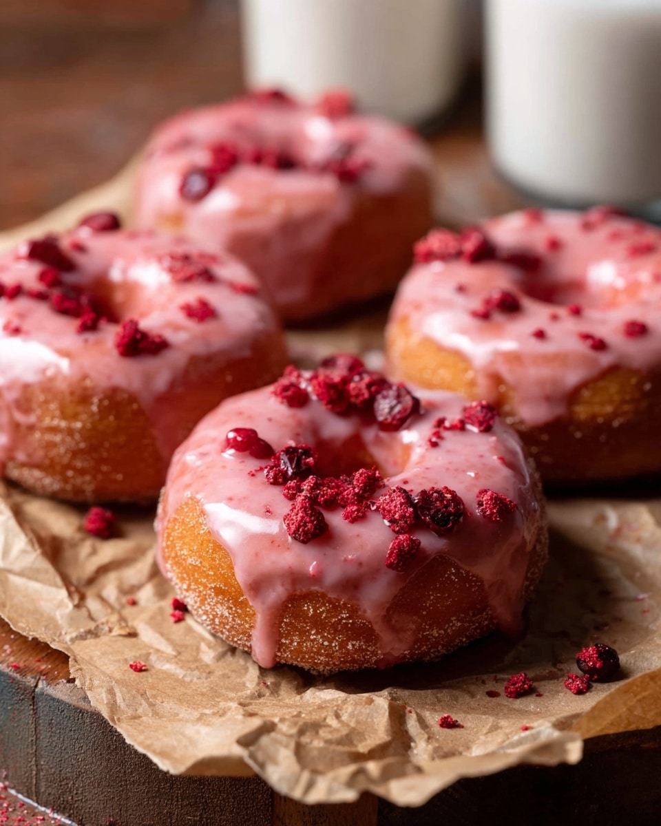 The image shows two stacked doughnuts on a white marbled surface, with the top doughnut having a bite taken out of it to reveal a soft, airy, light brown inside. Both doughnuts are covered in a shiny pink glaze with small, crushed red bits sprinkled on top, giving a textured and slightly rough look. The doughnuts are golden brown around the edges, and the glaze lightly drips down the sides. In the background, blurred glass bottles with milk can be seen. photo taken with an iphone --ar 4:5 --v 7