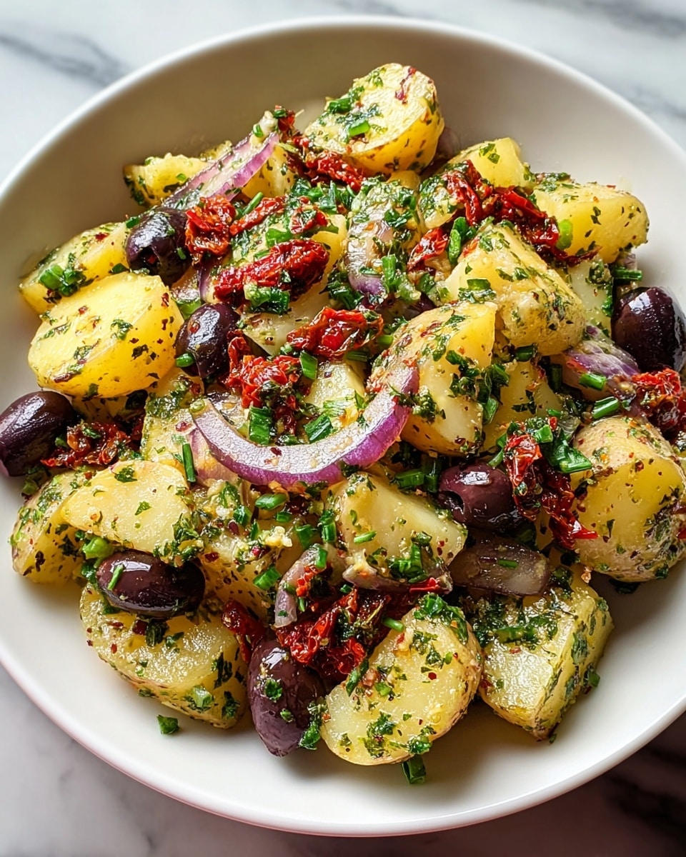 A close-up view of a white bowl filled with a potato salad made of halved golden yellow potatoes with their skins on as the base layer. Mixed in and on top are pieces of bright green olives, sun-dried tomatoes with wrinkled reddish-brown surfaces, finely chopped purple onions, and sprinkled fresh green herbs. The salad is coated lightly with a shiny dressing, giving it a moist texture. The background shows a white marbled texture. photo taken with an iphone --ar 4:5 --v 7