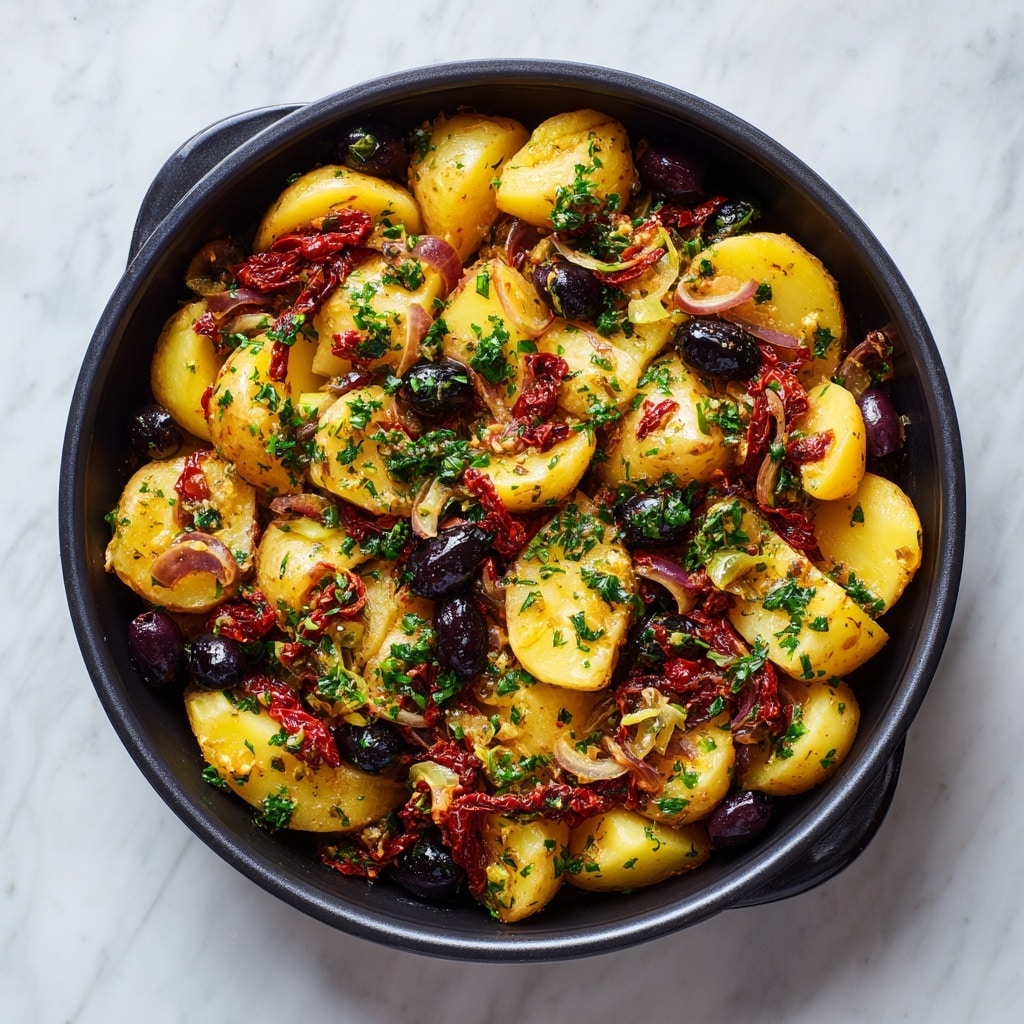 A white bowl holds a fresh potato salad with cut pieces of yellow potato as the base layer, mixed with dark black olives scattered evenly. Thin slices of purple onion are spread throughout, adding bright color. Sun-dried red tomatoes are mixed in, giving a deep red contrast to the dish. Green chopped herbs are sprinkled over the top, covering the salad with small flecks of bright green. The textures vary from soft potatoes to firm olives and slightly wrinkled tomatoes, all resting on a white marbled surface. photo taken with an iphone --ar 4:5 --v 7