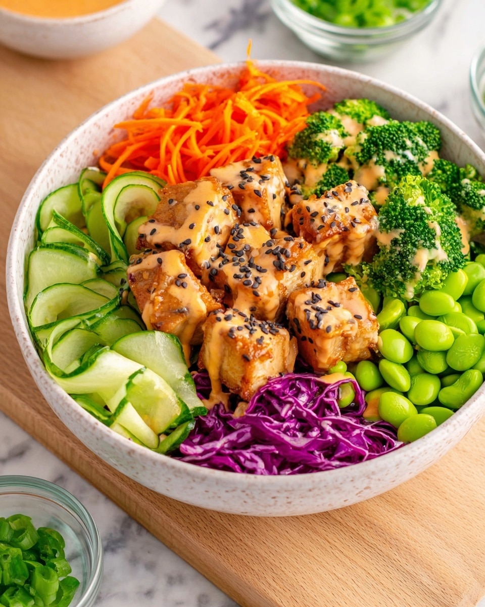A white bowl filled with layers of fresh vegetables and cooked chicken sits on a white marbled texture. At the center, there are several pieces of golden-brown grilled chicken cubes covered in a creamy orange sauce with black and white sesame seeds sprinkled on top. Surrounding the chicken are bright green broccoli florets and sliced green scallions on the right, a pile of neatly arranged bright green edamame next to them, and thin, round slices of light green cucumber below. On the left side of the bowl, there are shredded orange carrots and shredded purple cabbage adding vibrant color. The bowl is placed on a light wooden surface with small clear glass bowls containing green vegetables nearby. photo taken with an iphone --ar 4:5 --v 7