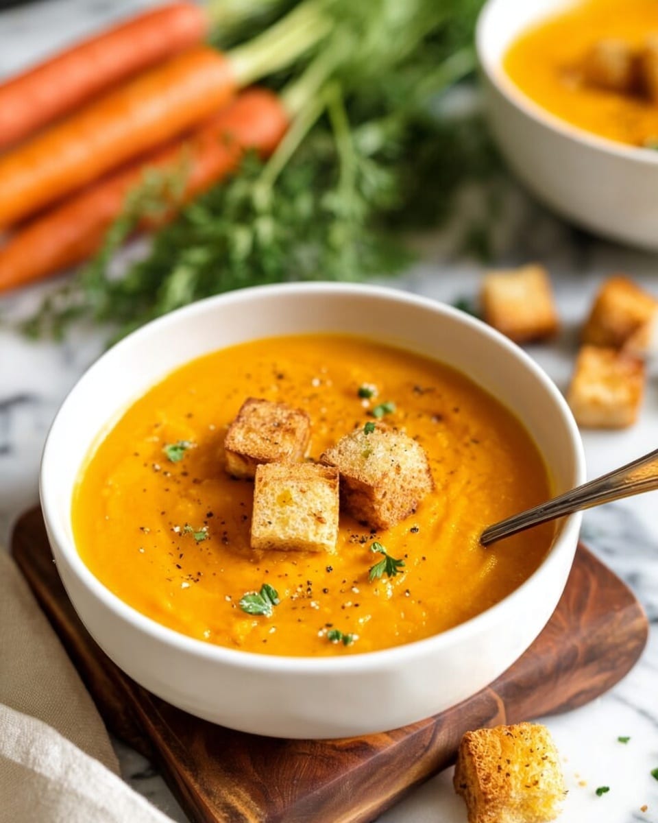 A deep blue pot filled with a bright orange, smooth soup sits on a white marbled surface. A woman's hand pours a creamy white liquid from a small glass measuring cup into the soup, creating swirling patterns on the surface. A wooden spoon is partially submerged on the right side of the pot, mixing the soup gently. In the bottom left corner, a fresh carrot with green leaves is resting beside a white and black striped cloth. The background is softly blurred, showing white tiles. Photo taken with an iphone --ar 4:5 --v 7