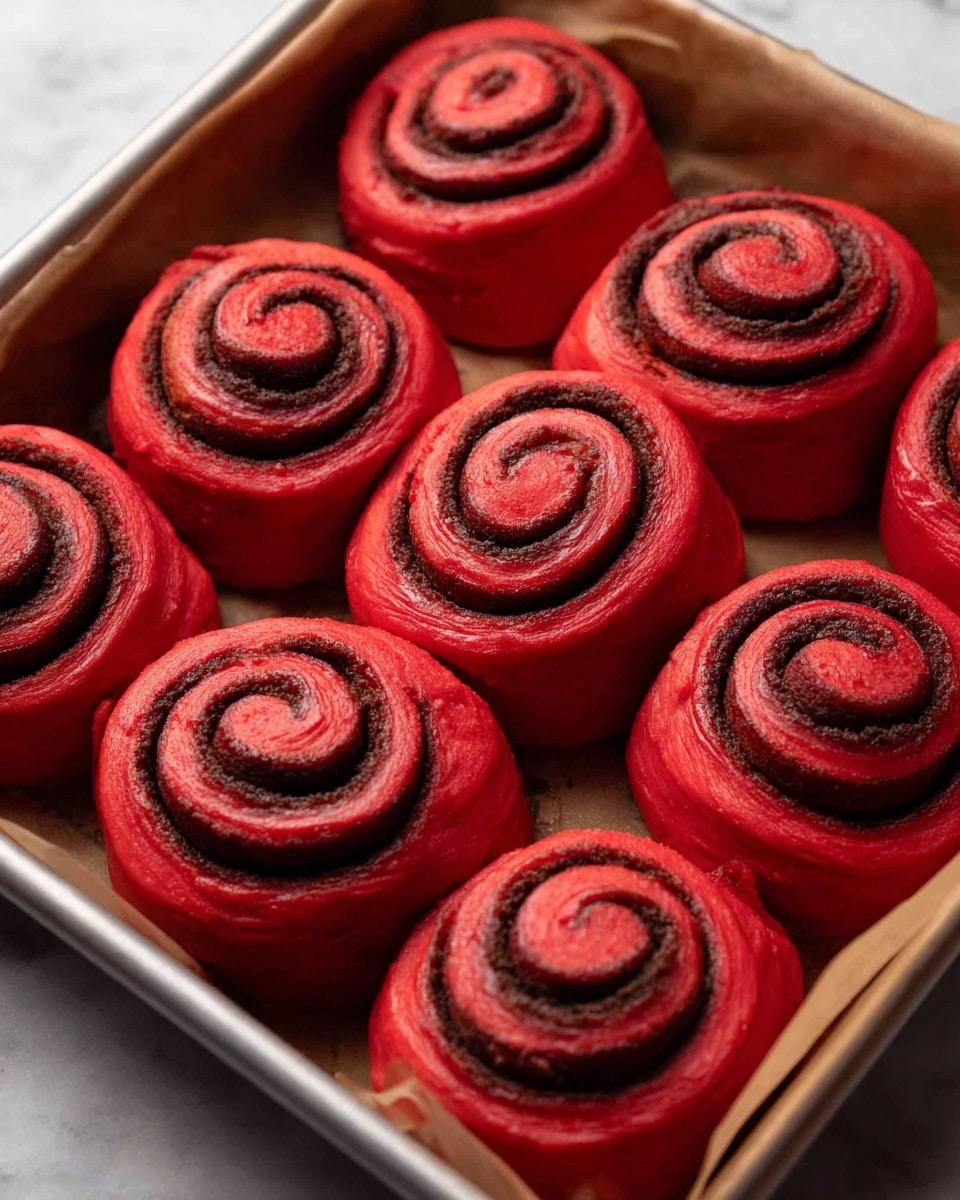 A close-up of a single red velvet cinnamon roll placed on a white plate with a thin gold rim, showing three visible thick layers of bright red dough rolled tightly with a swirl of cream cheese icing on top and in between layers. The icing is white with specks of vanilla bean and has small pink and red heart-shaped sprinkles scattered on the top and around the roll. The plate sits on a soft pink surface, with blurred bowls of red and pink sprinkles in the background. photo taken with an iphone --ar 4:5 --v 7