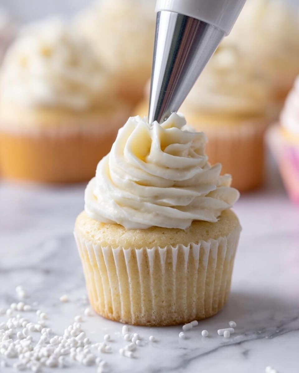 A light-colored cupcake with a smooth, slightly textured base layer is being decorated with a creamy, white frosting layer with soft, swirled ridges on top, created by a piping bag with a metal tip held above it, and small white sprinkles scattered on a white marbled surface around the cupcake; blurred cupcakes with similar frosting appear in the background. photo taken with an iphone --ar 4:5 --v 7