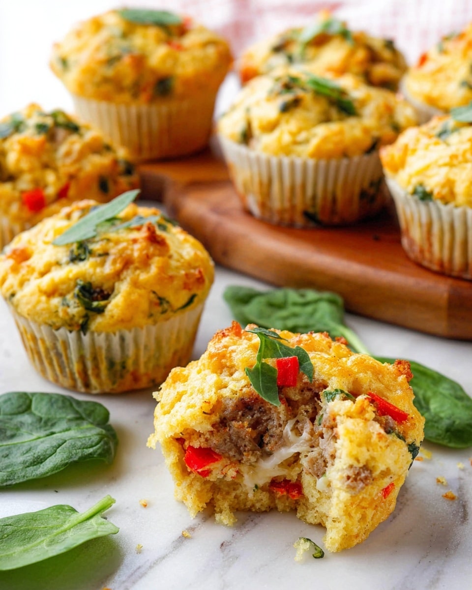 The image shows several savory muffins, each with a crumbly, golden-yellow top textured with bits of green herbs and small red pepper pieces scattered throughout. One muffin in the front is broken open, revealing a soft, moist inside with chunks of what looks like sausage and melted cheese layers, garnished with small green herb leaves. The muffins are in white paper liners and are placed on a white marbled surface near fresh green spinach leaves and a wooden board in the background with more muffins stacked on it. The overall look is warm and inviting, emphasizing the mix of textures and colors in the muffins. photo taken with an iphone --ar 4:5 --v 7