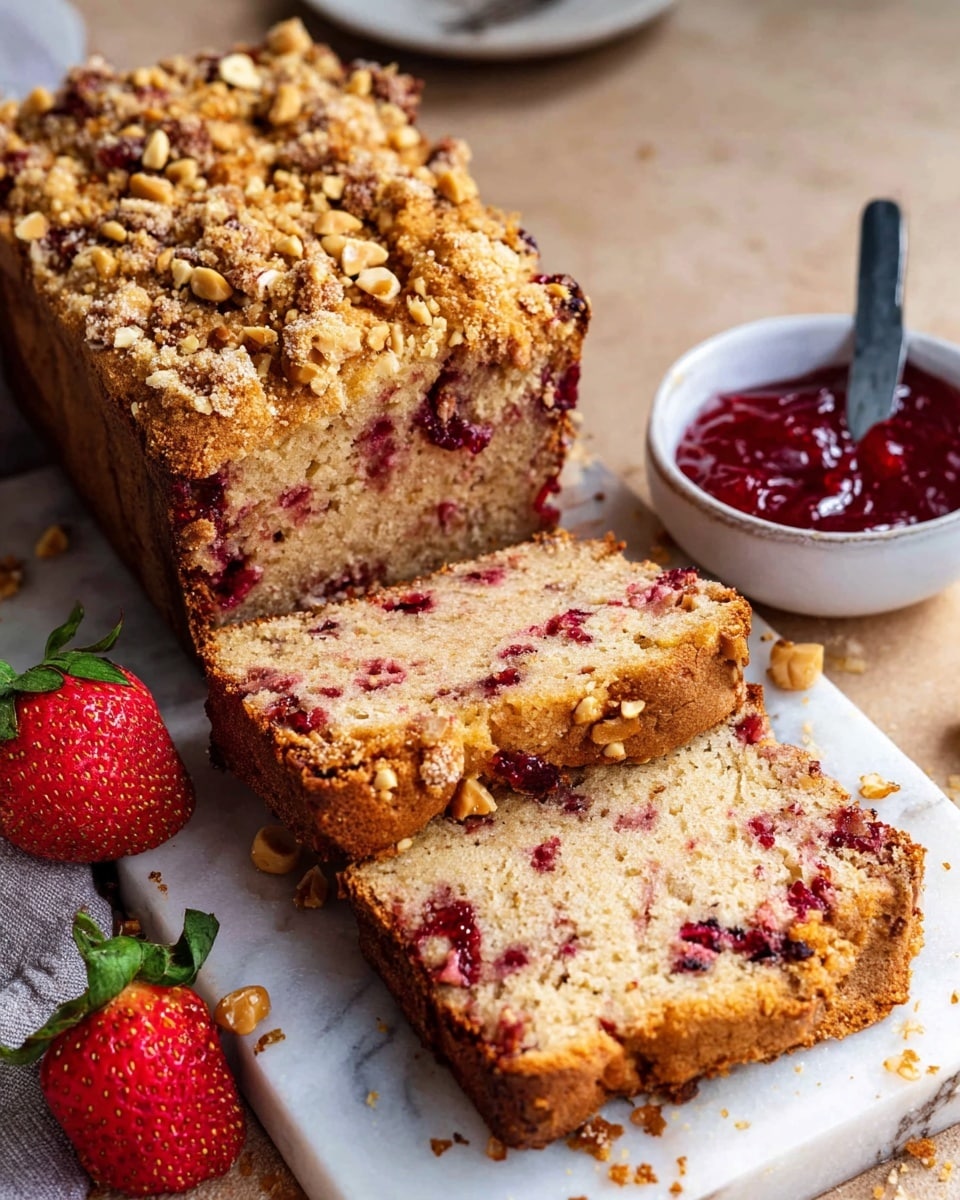 A thick loaf of cake with a golden brown, crumbly top covered with small nut pieces sits on a white marbled surface. The loaf is partially sliced, showing a moist light brown interior dotted with small red fruit bits scattered evenly throughout. Two slices lie flat in front of the loaf, revealing the same texture and crumbly nut topping. To the left, a small white bowl holds a deep red jam with a spoon, while a bright red strawberry stands in the blurry background near a white container and a red-striped cloth. photo taken with an iphone --ar 4:5 --v 7