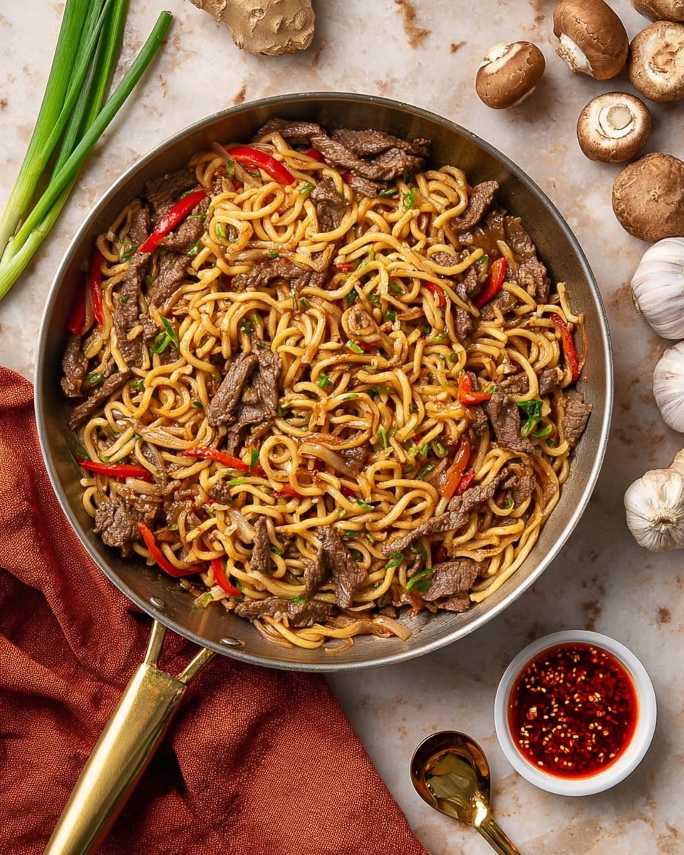 The image shows a round white bowl filled with thick, light brown udon noodles mixed with dark brown sliced beef, light brown sautéed mushrooms, and thin slices of red bell pepper scattered evenly throughout. There are small pieces of green onion sprinkled on top, with some sesame seeds added for texture. Around the bowl, there are light beige wooden chopsticks resting on an orange cloth napkin. The surface beneath is a white marbled texture, with small bowls holding red chili sauce, green onion slices, and sesame seeds visible in the background. photo taken with an iphone --ar 4:5 --v 7