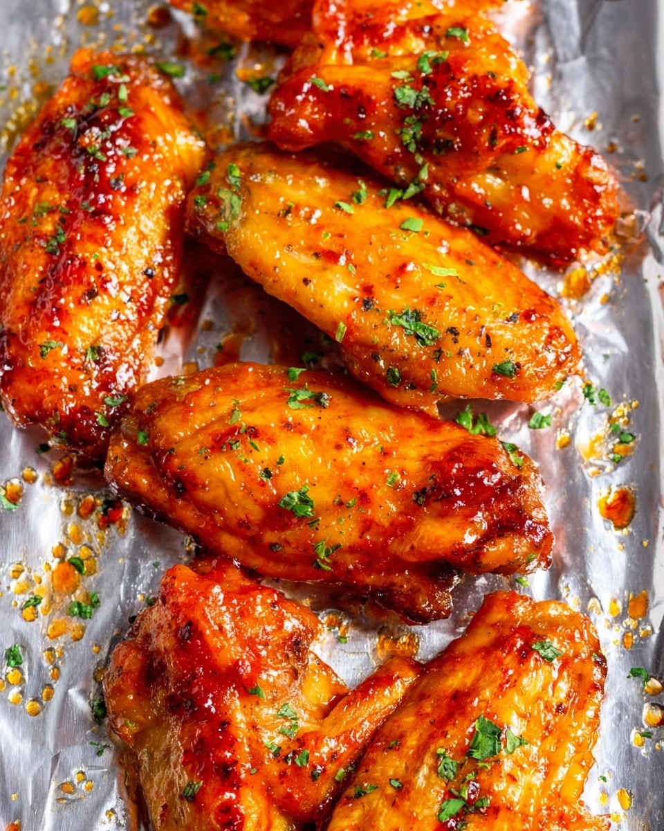 A white plate holds a stack of glossy, reddish-orange chicken wings coated in a thick, sticky sauce. The wings are piled in about two layers, with some wings overlapping others, showing crispy skin underneath the sauce. Small green herb pieces are sprinkled on top for color contrast. The plate is placed on a green and white patterned cloth, which is on a wooden surface. In the background, there are two green glasses stacked together and a tall glass filled with a dark iced drink beside a wooden pepper grinder, all set on a white marbled surface. photo taken with an iphone --ar 4:5 --v 7