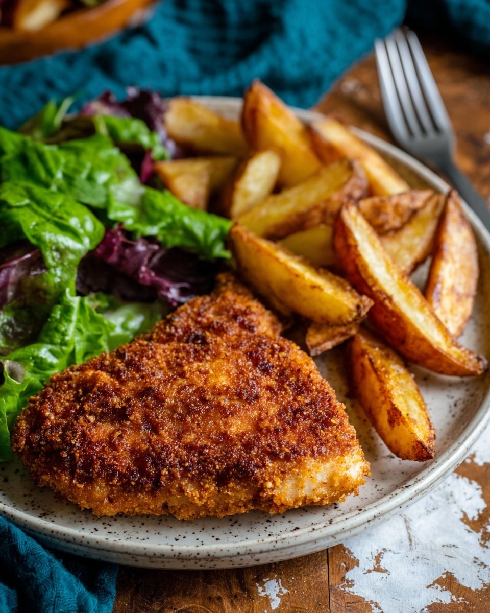 A close-up of a white speckled plate with a piece of grilled fish at the center, the fish has a dark brown spicy crust on top with visible grill marks and flaky white flesh underneath; to the back are thick, golden-brown potato wedges showing a crispy texture, and to the side, there is a fresh green leaf lettuce adding a pop of color; a silver fork is picking at the flaky fish in the foreground; photo taken with an iphone --ar 4:5 --v 7