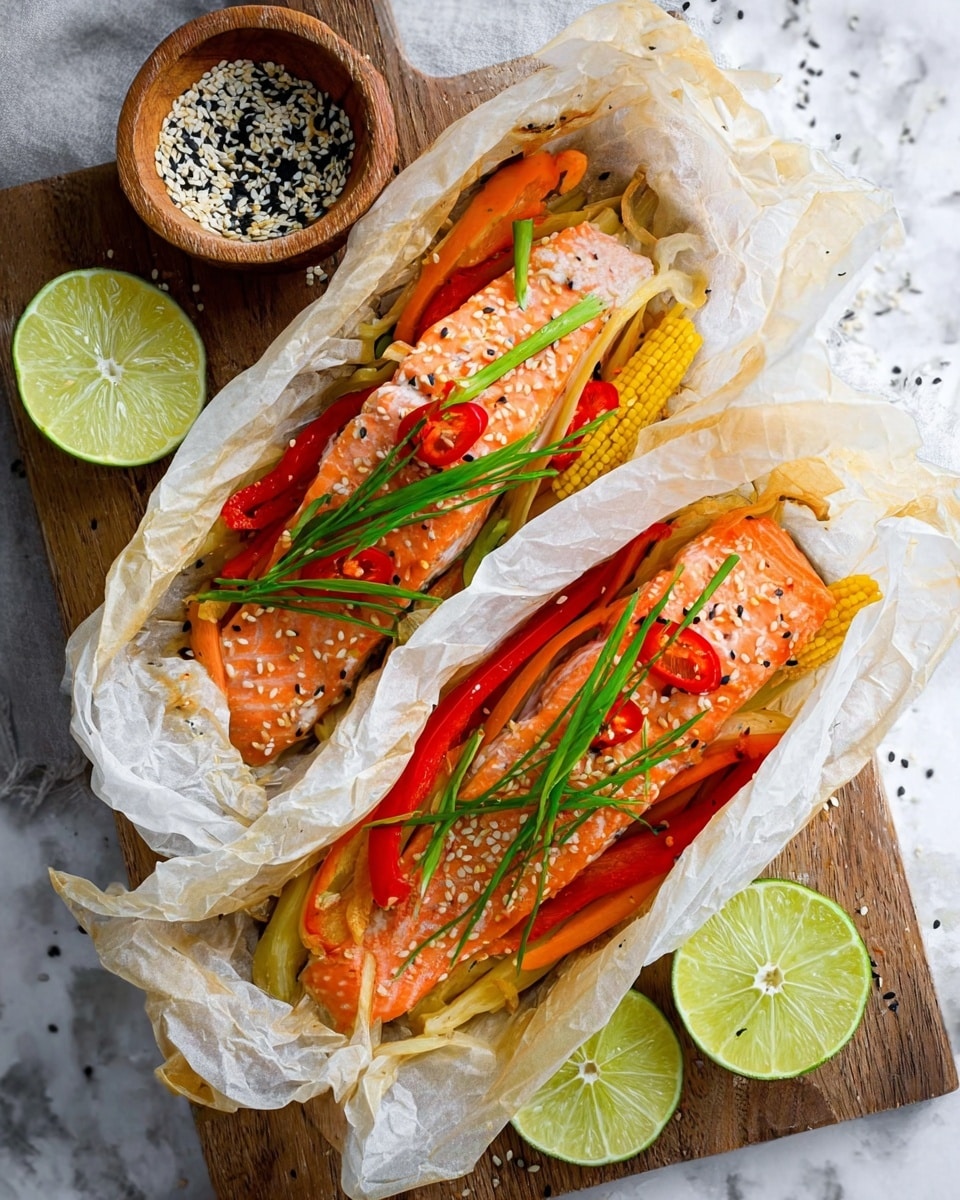 The image shows two parcels of cooked salmon wrapped in parchment paper on a wooden board over a white marbled texture. Each parcel contains a layer of orange salmon fillet on a bed of thin, colorful strips of red bell pepper and orange carrot, with yellow baby corn placed along the side. On top of the salmon are thin red chili slices and the parcels are garnished with fresh green chives and sprinkled with black and white sesame seeds. Lime wedges are placed inside and beside the parcels, adding a fresh green contrast. Next to the board is a small wooden bowl filled with black and white sesame seeds. Photo taken with an iphone --ar 4:5 --v 7