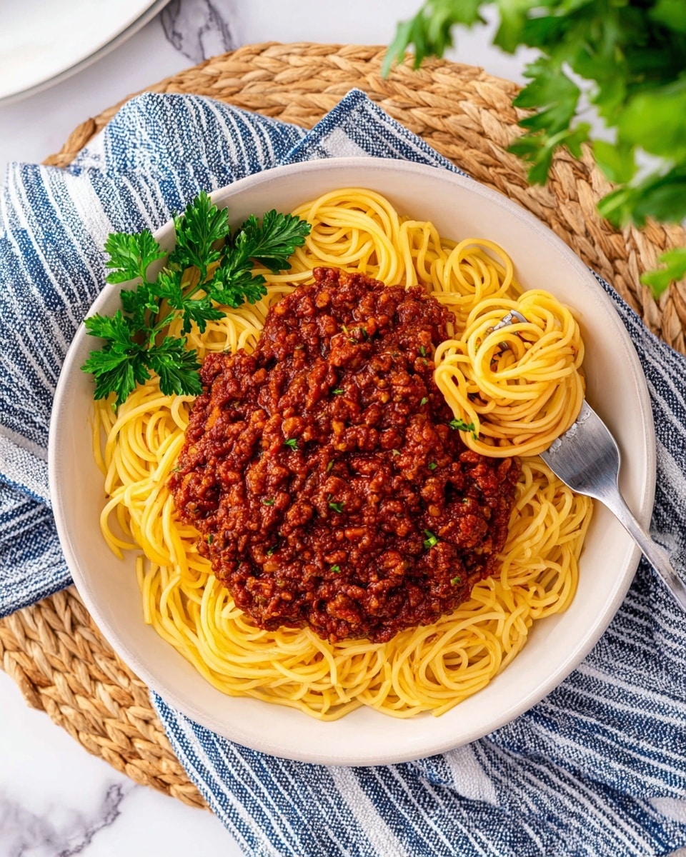 A white plate with a layer of yellow spaghetti noodles spread evenly around the plate edges, topped with a thick, chunky red meat sauce full of visible bits of meat and tomato pieces, placed in the center. On one side of the pasta, two sprigs of fresh green parsley add a touch of color. The plate sits on a white marbled surface with a blue and white striped cloth underneath. Photo taken with an iphone --ar 4:5 --v 7