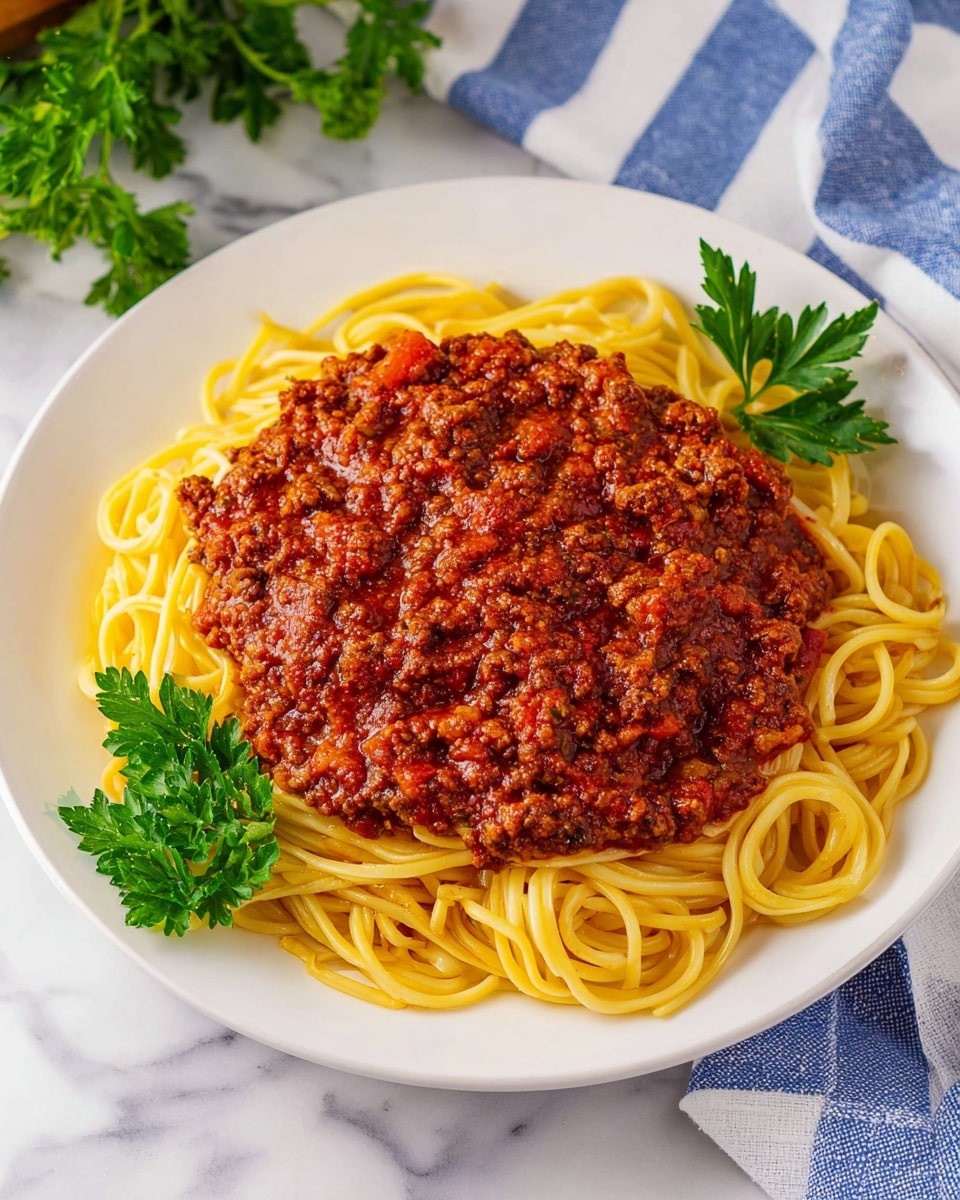 A white plate with a layer of yellow cooked spaghetti noodles arranged in a circular pattern. On top, there is a thick layer of red meat tomato sauce covering the middle part of the noodles. A silver fork is lifting a small twisted bundle of spaghetti with sauce from the right side of the plate. Fresh green parsley leaves garnish the left side of the plate. The plate sits on a blue and white striped cloth over a woven natural mat, all on a white marbled surface. Photo taken with an iphone --ar 4:5 --v 7