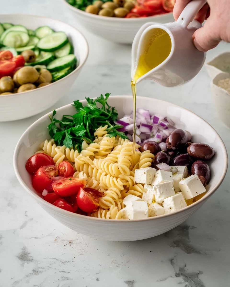 The image shows a white bowl filled with fresh ingredients layered in sections: light yellow spiraled pasta on the right, bright red cherry tomatoes and green parsley on the left, dark purple and green olives near the center, white cubes of cheese on the right side, and chopped red onions scattered around. A woman's hand holding a silver fork is about to pick from the bowl. Surrounding this central bowl are two more white bowls with similar ingredients arranged in the same pattern, a small white bowl with cucumber slices on the left, and a small white pitcher with yellow olive oil and some parsley on a white marbled surface. photo taken with an iphone --ar 4:5 --v 7