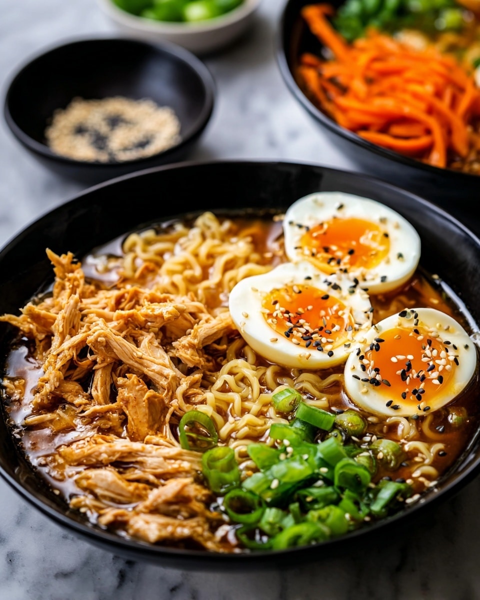 A black bowl filled with ramen where the base layer is light brown broth with curly noodles submerged inside. On one side, there is shredded cooked chicken in a light brown color piled up. Next to it, there is a group of shredded bright orange carrot sticks arranged neatly. On the other side of the bowl, chopped green onions with a fresh green color are heaped. A halved soft-boiled egg with bright orange yolk and white edges is placed near the green onions, sprinkled with white and black sesame seeds. Some red chili flakes are scattered on the noodles and broth surface. The bowl sits on a white marbled texture with a small square white dish nearby filled with a dark red chili sauce. photo taken with an iphone --ar 4:5 --v 7