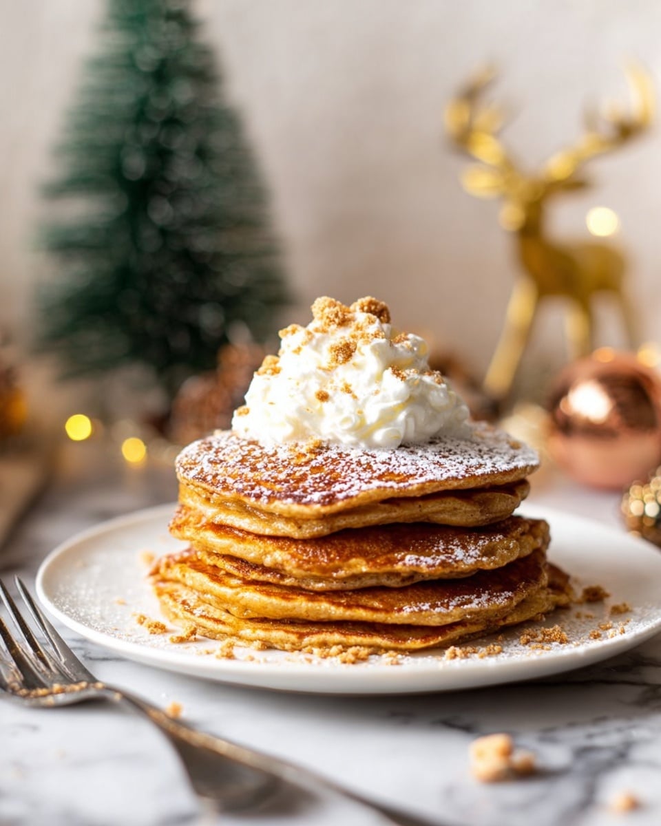 A stack of four thick, golden brown pancakes sits on a white plate on a white marbled surface. The pancakes are slightly uneven with visible texture and slight crisp edges. On top, there is a dollop of white whipped cream sprinkled with light brown crumbly bits. Powdered sugar is dusted lightly over the top pancake. To the left of the plate, a shiny silver fork rests partially on the plate and the surface. The background is soft and out of focus, with hints of holiday decorations including a small green tree with lights and a gold deer figure. Photo taken with an iphone --ar 4:5 --v 7