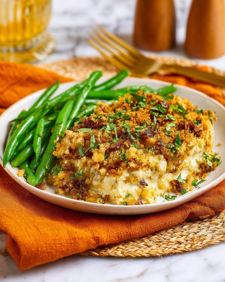 A close-up of a white plate holding a dish with two main layers: the bottom layer is a creamy, light yellow mixture with a soft texture, and the top layer is a golden-brown crumbly crust mixed with chopped green herbs scattered on top. To the back of the plate, there are several bright green cooked green beans. The plate is set on an orange cloth and a woven surface, with a white marbled texture visible in the background. photo taken with an iphone --ar 4:5 --v 7