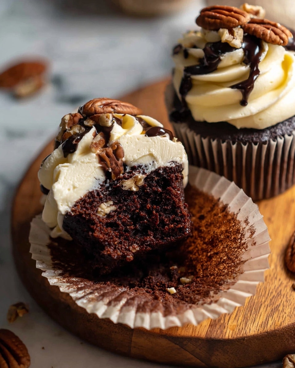 Five chocolate cupcakes sit close together on a white marbled surface covered with crumbs and small pieces of pecans. Each cupcake has two visible layers: the bottom is a dark brown chocolate cake, and the top is a thick swirl of creamy beige frosting with a smooth texture, drizzled with dark chocolate and caramel sauce. The frosting is topped with whole pecan halves, adding a rich, crunchy texture. The scene has warm, soft lighting creating a cozy and appetizing feeling. photo taken with an iphone --ar 4:5 --v 7