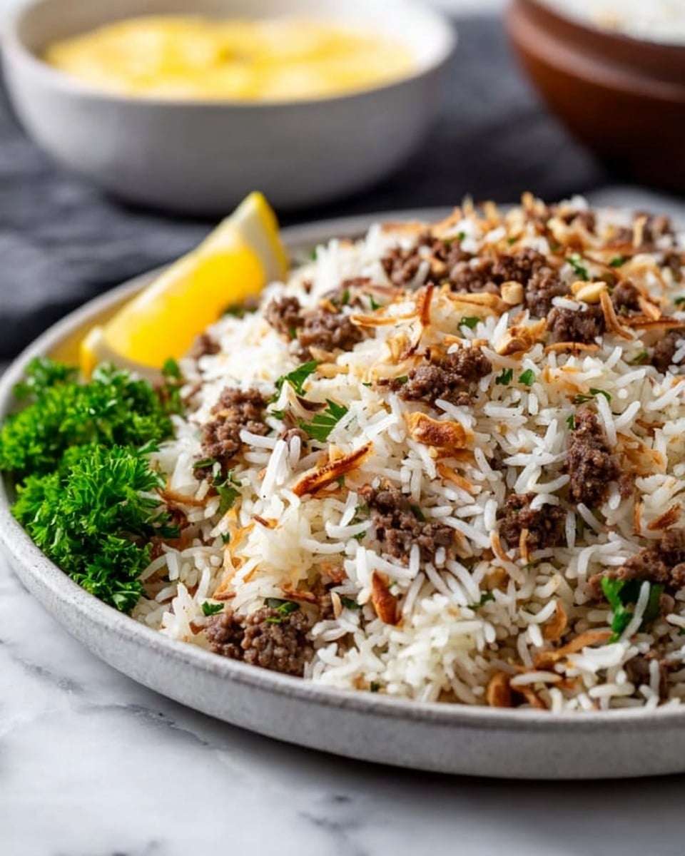 A close-up image of a dish showing a large white plate filled with a layered mix of white, fluffy rice and small pieces of browned minced meat mixed with light brown toasted slivered nuts. There is a garnish of green parsley and a small wedge of yellow lemon placed on one side of the plate. In the blurred background, there is a bowl with a creamy yellow substance, slightly out of focus. The dish is placed on a white marbled surface. photo taken with an iphone --ar 4:5 --v 7