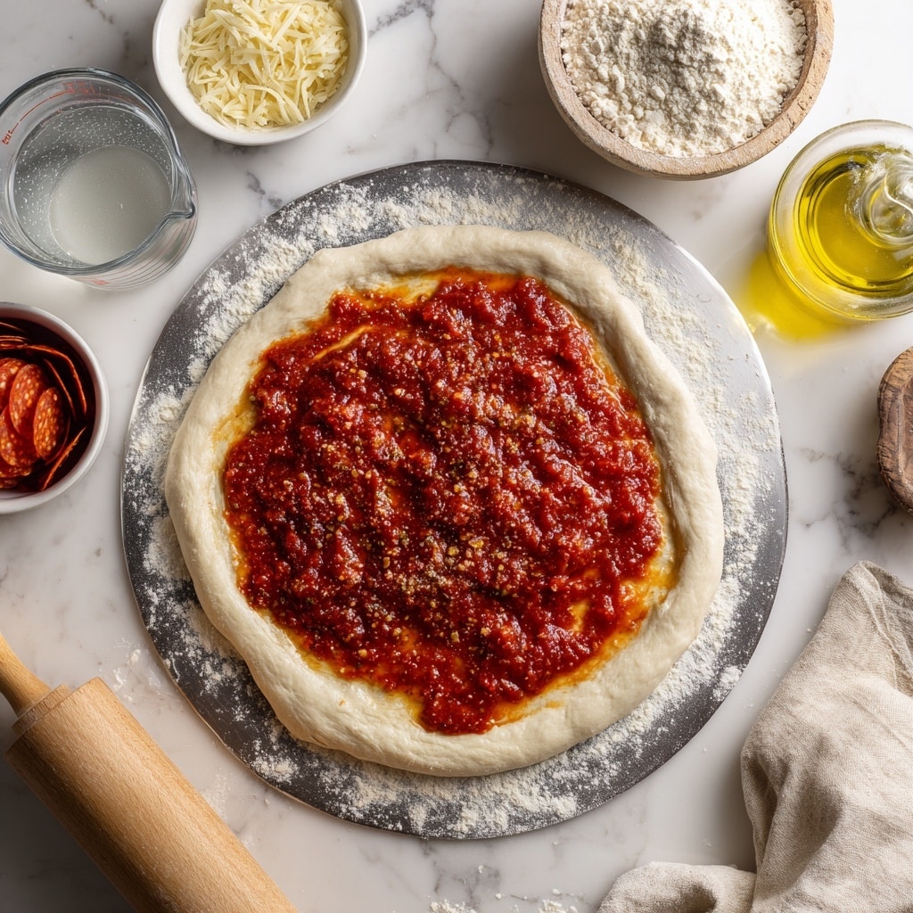 A close-up image of a smooth, light beige dough ball with a slightly bumpy texture being gently held by two woman's hands dusted with white flour. The dough rests on a white marbled surface scattered with flour. Above the dough, there is a light brown wooden rolling pin partially visible, and to the right, a white container holding yellow cornmeal or fine grain. At the bottom-left corner, there is a cream cloth with green stripes partially visible, adding a cozy kitchen atmosphere. Photo taken with an iphone --ar 4:5 --v 7