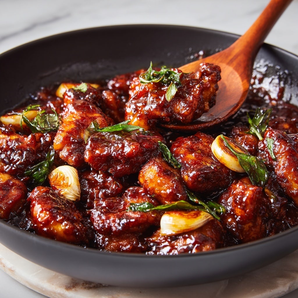 A white bowl filled with a base layer of fluffy white rice, topped with a thick layer of grilled chicken pieces coated in a shiny, deep reddish-brown sauce. The chicken is garnished with small green herb leaves, and scattered around the dish are a few golden-brown slices of cooked garlic. The bowl sits on a white marbled surface, with a green leafy plant blurred in the background. photo taken with an iphone --ar 4:5 --v 7