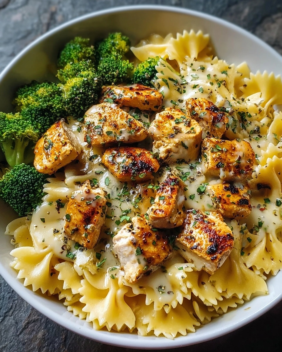 A close-up image of a dish with three main layers: the bottom layer is a bed of yellow bow-tie pasta, soft and slightly shiny; on top of that, bright green broccoli florets are spread evenly; the top layer features pieces of grilled chicken with a golden-brown color and small char marks, giving a crispy look. All the food is arranged in a round white plate, set on a white marbled textured surface. The focus is on the chicken pieces, showing their juicy texture clearly. photo taken with an iphone --ar 4:5 --v 7