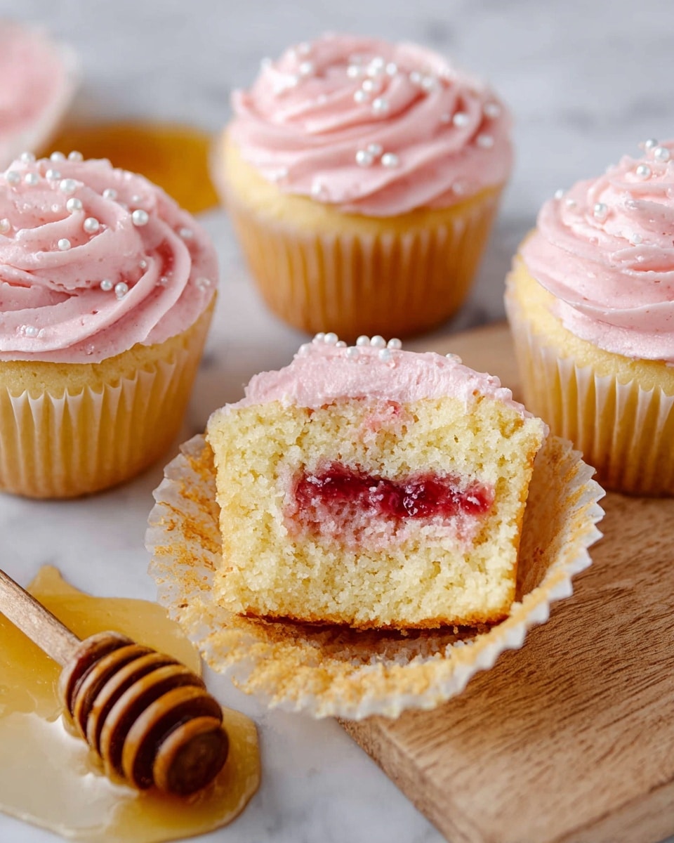 The image shows several yellow cupcakes arranged close together on a white marbled surface. Each cupcake has one layer of spongy yellow cake at the base, topped with a thick swirl of light pink frosting shaped like a rose with smooth, creamy texture. Small white round sprinkles of various sizes are scattered across the frosting, adding delicate detail to each cupcake. The cupcakes are wrapped in white paper liners that slightly crinkle around the edges. The lighting is soft and natural, highlighting the gentle contrast between the golden cake and the pastel pink frosting. photo taken with an iphone --ar 4:5 --v 7