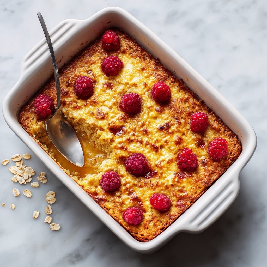 A white rectangular baking dish contains a golden-brown baked oatmeal with a slightly crispy edge and scattered red raspberries on top. The texture looks soft and slightly bubbly with some oats visible, creating a cozy, warm feeling. A metal spoon is placed inside the dish on the left side, ready to serve the oatmeal. The dish is placed on a white marbled surface with a few oat flakes scattered around. Photo taken with an iphone --ar 4:5 --v 7