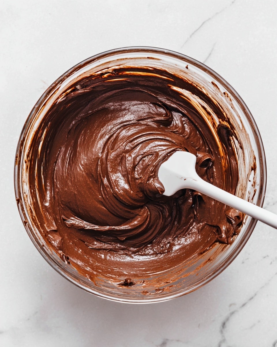 A square chocolate brownie cut into sixteen equal pieces is placed on a white marbled surface. The top layer is thick, creamy chocolate frosting with smooth, swirled textures covering the entire surface. The brownie base underneath is rich and dark brown, visible slightly at the edges where it meets the frosting. The overall look is moist and dense with a glossy, luscious frosting creating a rich contrast in texture. photo taken with an iphone --ar 4:5 --v 7
