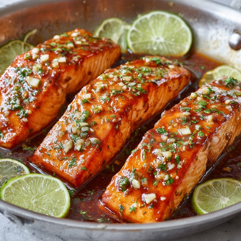 A close-up of two thick salmon fillet pieces on a white plate with a white marbled texture surface; the salmon is coated with a shiny, reddish-orange glaze with visible small bits of garlic and herbs, showing the flaky texture of the cooked fish inside. On the left side of the plate, there are bright green broccoli florets adding contrast, and a wedge of lime partly visible near the top left. The dish is garnished with finely chopped green herbs on top of the salmon, and a fork holds a small piece of salmon on the right side of the plate. The lighting makes the salmon look moist and glossy, emphasizing the texture and colors. photo taken with an iphone --ar 4:5 --v 7