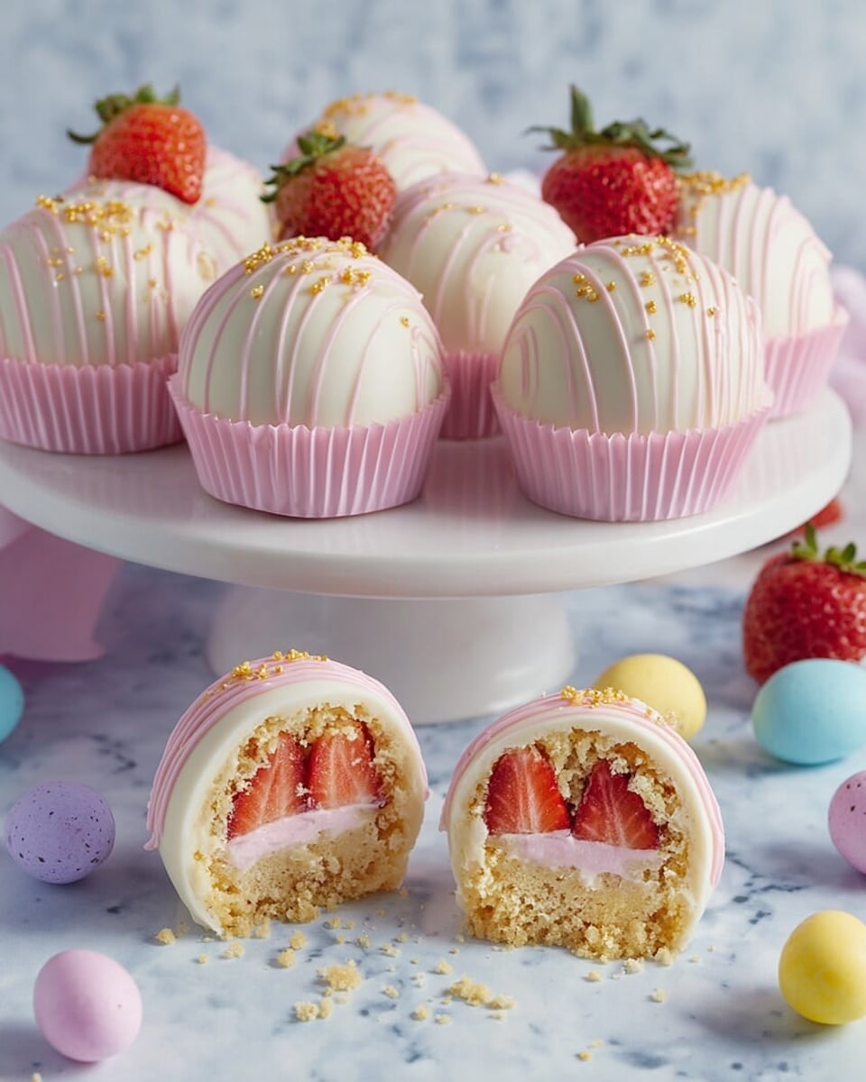 The image shows six round desserts covered in smooth white icing with a pink drizzle and small gold sprinkles on top, each placed in a pink paper cup on a white cake stand with a white marbled background. Two of the desserts are cut in half at the front, revealing three layers: the bottom layer is a crumbly light beige cake, the middle layer is a creamy pink filling, and the top layer is white icing surrounding three fresh red strawberries arranged side by side. Scattered around the base of the stand are small pastel-colored egg-shaped candies in pink, blue, yellow, and purple, with some whole strawberries nearby. photo taken with an iphone --ar 4:5 --v 7