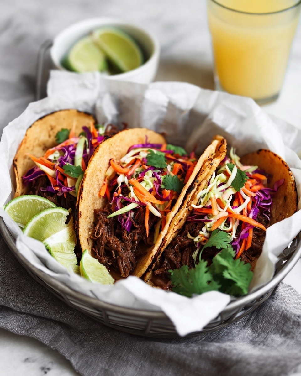 Three tacos are arranged side by side inside a round metal basket lined with white paper. Each taco has a slightly charred soft corn tortilla filled with shredded dark brown meat at the bottom. On top of the meat, there is a colorful mix of thinly sliced vegetables including orange carrots, purple cabbage, and light green cabbage, creating a fresh and vibrant texture. To the side of the tacos, there are bright green lime wedges and a sprig of fresh cilantro. The basket is placed on a gray fabric, with a glass of light orange juice and a small white bowl with lime wedges blurred in the background, all set on a white marbled surface. photo taken with an iphone --ar 4:5 --v 7