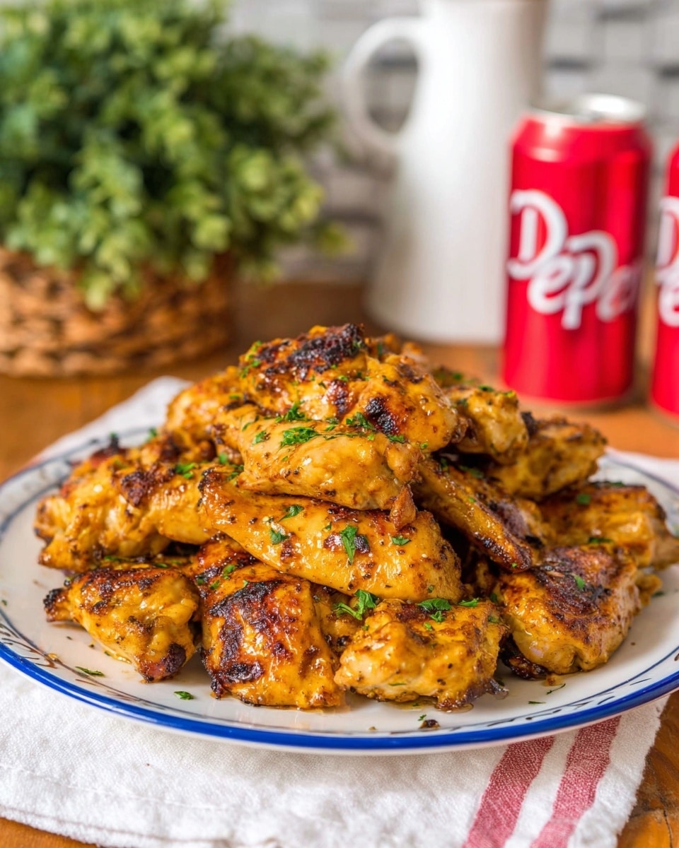 A white plate with a blue rim is full of golden brown grilled chicken pieces, stacked in one big pile. The chicken looks juicy and has some darker charred spots on the edges. Small green parsley bits are sprinkled on top, adding a fresh touch. The plate sits on a white striped cloth over a wooden table with a white marbled background. In the background, there is a red can of Dr Pepper and a white jug, blurred and soft, along with a green plant in a brown basket. photo taken with an iphone --ar 4:5 --v 7