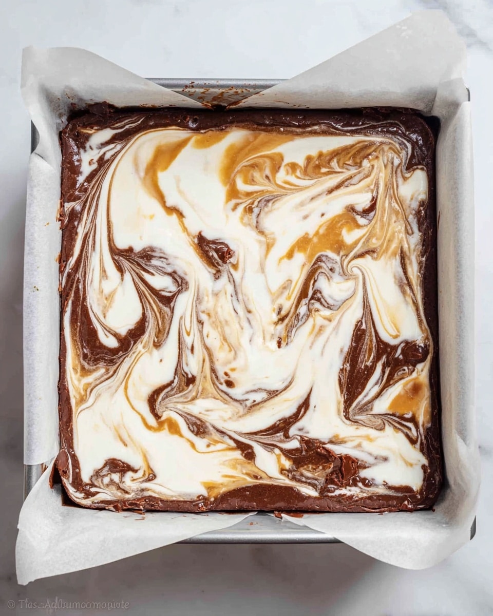 The image shows a batch of sixteen square chocolate brownies with swirls of white and caramel-colored cream on top, arranged closely together on white parchment paper placed on a black cooling rack. Each brownie has a dark brown base layer with a glossy, cracked texture, topped with two visible layers of creamy white and smooth caramel swirled in an artistic pattern. Above the brownies, there is a silver spoon holding a generous dollop of caramel cream resting on the same white marbled surface. The scene is brightly lit from above, highlighting the shiny textures and rich colors of the dessert, photo taken with an iphone --ar 4:5 --v 7
