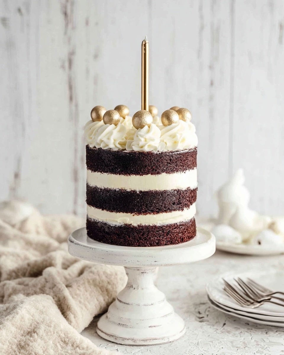 A slice of three-layer chocolate cake with white frosting between each layer and on the outside sits on a white scalloped plate. The cake's dark brown layers are moist and crumbly, while the white frosting looks smooth and creamy. On top of the cake slice, there is a small swirl of whipped cream. A silver fork rests on the plate, leaning against the cake slice. The background is a white marbled surface with some gold decorative items and a beige textured cloth nearby. photo taken with an iphone --ar 4:5 --v 7