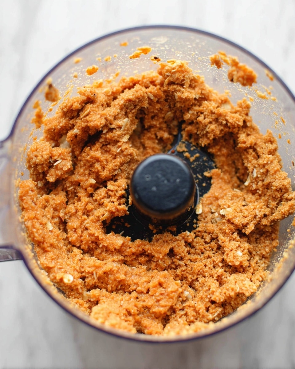 A close-up view inside a clear food processor bowl showing a thick mixture of crushed oats and orange-colored ingredients, with a textured, slightly chunky consistency. The mixture layers are uneven, with small pieces and bits spread around the sides of the bowl. The center features a black food processor blade. The background is a white marbled texture. photo taken with an iphone --ar 4:5 --v 7