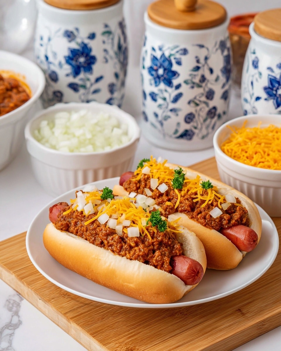 Two hotdogs are placed side by side on a white plate sitting on a wooden board with a white marbled surface underneath. Each hotdog has a soft, light golden bun holding a reddish-brown sausage. On top of each sausage, a thick layer of chunky chili with a reddish-brown color is spread, followed by a layer of shredded bright orange cheddar cheese melting slightly into the chili. The final layer is chopped white onions and small pieces of green parsley sprinkled over the chili and cheese, adding freshness and color contrast. In the background, there are clear bowls filled with finely chopped white onions and shredded cheddar cheese, along with a white bowl full of chili. Large canisters with blue floral patterns and wooden lids are also visible. photo taken with an iphone --ar 4:5 --v 7