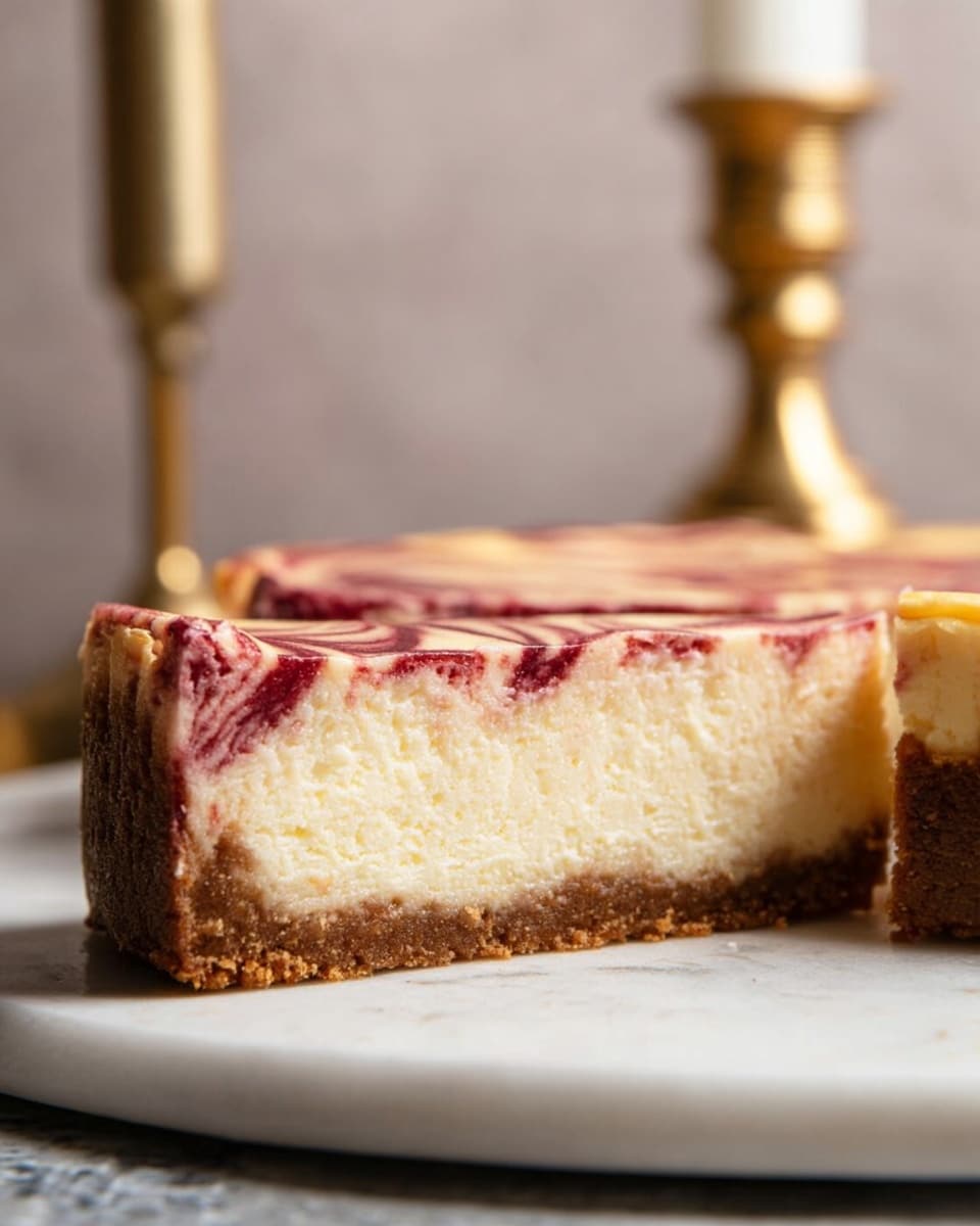 A close-up side view of a cheesecake with three visible layers: a thick brown crumb crust at the bottom with a rough texture, a large creamy off-white cheesecake middle layer that looks smooth and dense, and a thin top layer with swirled red and white colors creating a marbled effect. The cheesecake is placed on a round white marble surface. In the blurred background, there is a tall gold candlestick and a white candle. The lighting is soft and warm, highlighting the creamy texture of the cheesecake. photo taken with an iphone --ar 4:5 --v 7