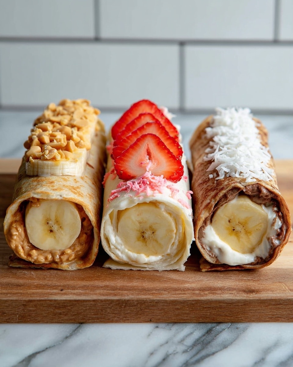A close-up of a fruit sushi roll held by a woman's hand with metal chopsticks, showing three layers: a white outer wrap, a light brown creamy layer inside, and a thick banana slice core in the center. In the background, there is a wooden board with rows of similar sushi rolls — some topped with red strawberry slices and others covered with shredded white coconut over a brownish outer layer. The whole scene is set on a white marbled surface. photo taken with an iphone --ar 4:5 --v 7