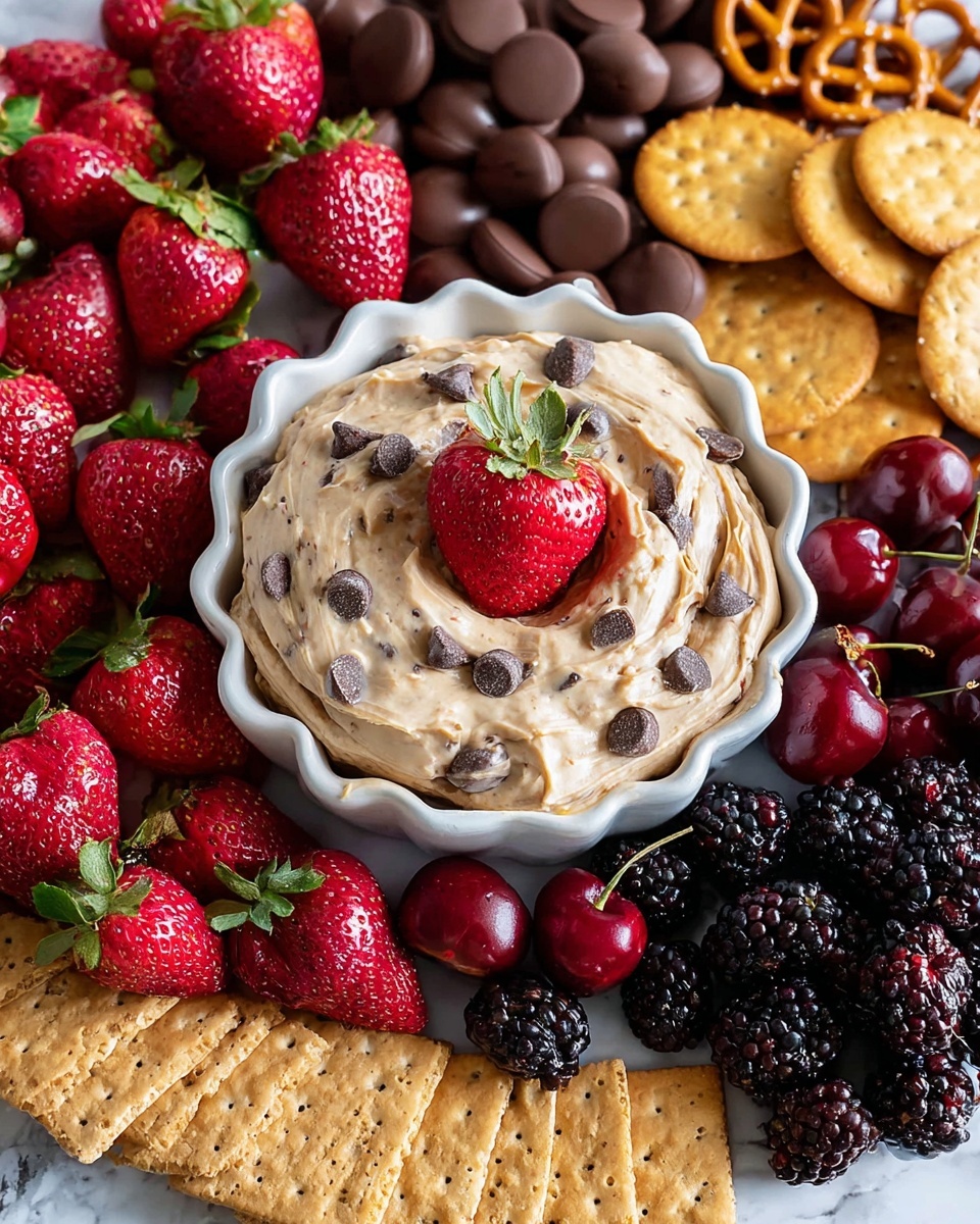 A white scalloped bowl is filled with a thick, creamy tan layer of chocolate chip cookie dough, studded evenly with small dark chocolate chips; on top sits a halved red strawberry with green leaves. Around the bowl, fresh fruit and snacks create a colorful border, including whole and halved red strawberries, deep red cherries, shiny black blackberries, beige rectangular wafers, and dark brown pretzels. The background is a white marbled surface. photo taken with an iphone --ar 4:5 --v 7
