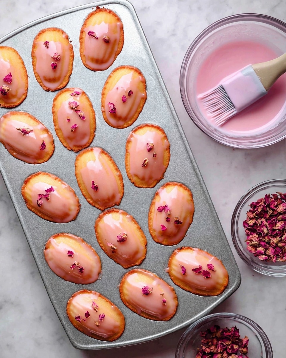 The image shows several small madeleine cakes on crumpled white parchment paper placed on a white marbled surface. Each cake has a smooth, light pink glaze covering the top, giving them a glossy finish, and is sprinkled with small dried rose petals. One cake is cut in half, revealing a soft, fluffy golden-yellow interior with a moist texture. The madeleines have a distinct shell shape with ridged patterns on the bottom and a rounded, domed top beneath the glaze. The overall look is delicate and inviting, with the pink glaze contrasting gently against the golden cake. Photo taken with an iphone --ar 4:5 --v 7