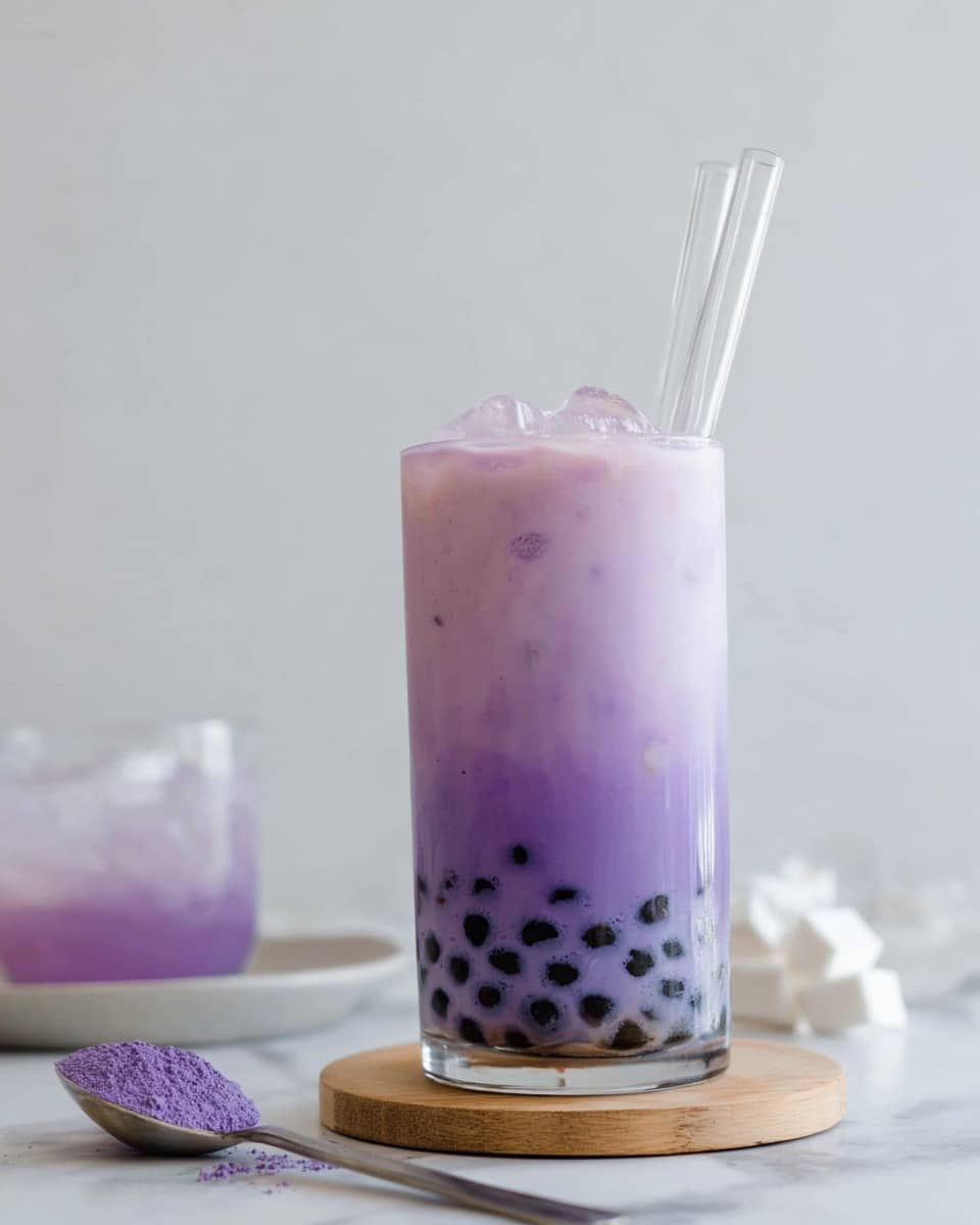 A tall clear glass filled with three layers: the bottom layer has small black tapioca pearls, the middle and largest layer is a smooth purple milk tea with a creamy texture, topped with ice cubes creating a slightly frosty look; a woman's hand is holding a thick white straw placed in the drink. The glass sits on a light wooden round coaster on a white marbled surface. In the background, there is a second glass with a mix of white and purple milk tea with tapioca pearls at the bottom, and a spoon with purple powder nearby, all softly blurred. Photo taken with an iphone --ar 4:5 --v 7