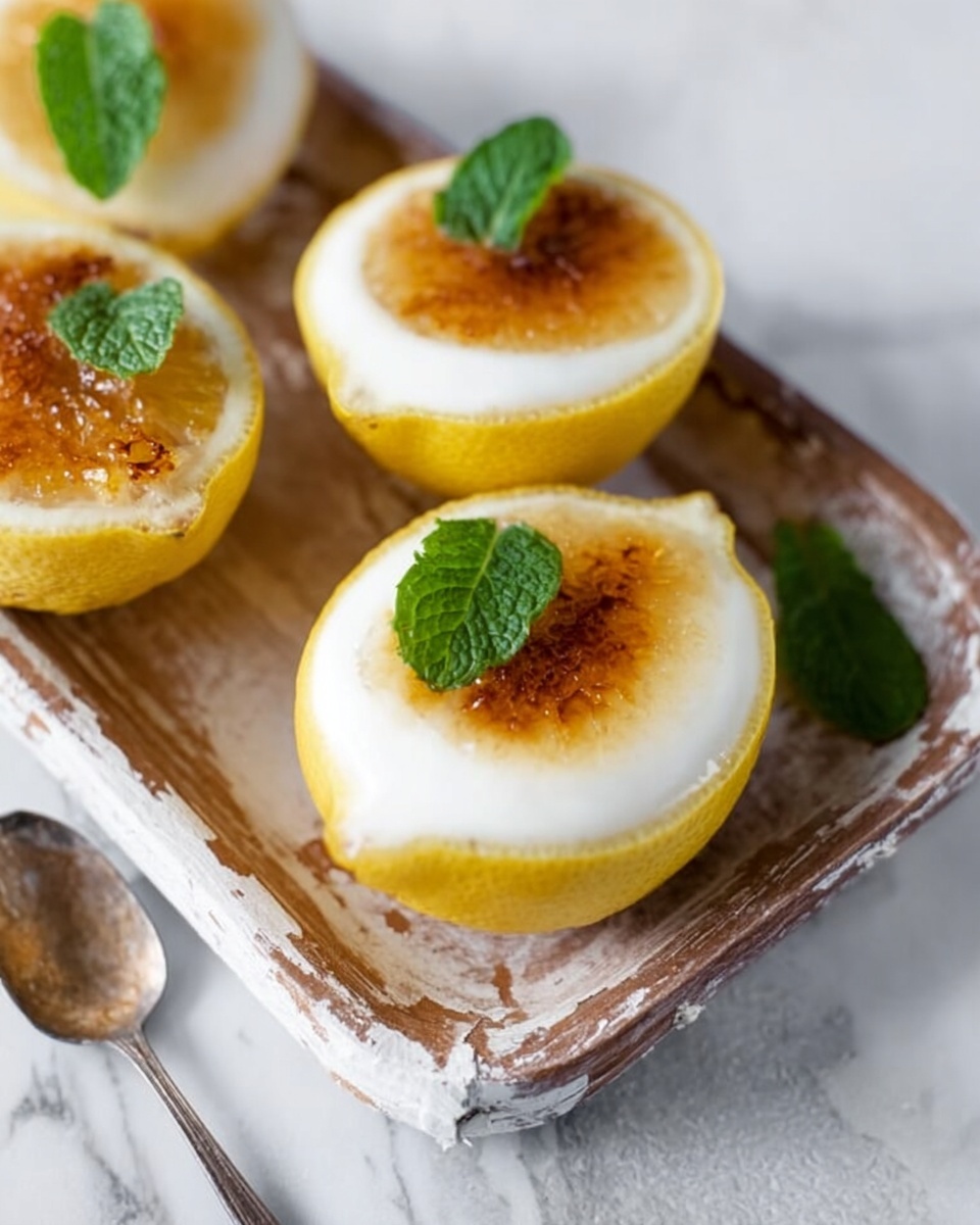 The image shows four lemon halves hollowed out and filled with two different desserts. Two lemon halves are topped with smooth, white creamy filling and garnished with a fresh green mint leaf. The other two lemon halves have a golden-brown caramelized sugar crust on top, creating a slightly rough texture that looks crispy. These lemon halves are arranged on a worn wooden tray with some white paint chipped off, all set on a white marbled surface. At the bottom, a silver spoon lies near the lemons, adding a metallic shine. photo taken with an iphone --ar 4:5 --v 7