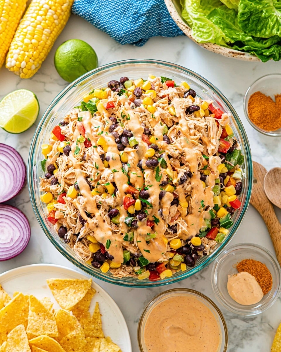 The image shows two large green lettuce leaves shaped as cups, each filled with a colorful mix of creamy chicken salad made of shredded chicken, black beans, corn, diced red bell peppers, and small green herb pieces. The creamy mixture is pale orange with visible textures from the ingredients. The lettuce cups are placed on a white marbled surface with a few golden tortilla chips scattered around, and a small slice of lime is partially visible on the side. The scene looks fresh and vibrant, emphasizing the texture and colors of the salad and lettuce. photo taken with an iphone --ar 4:5 --v 7