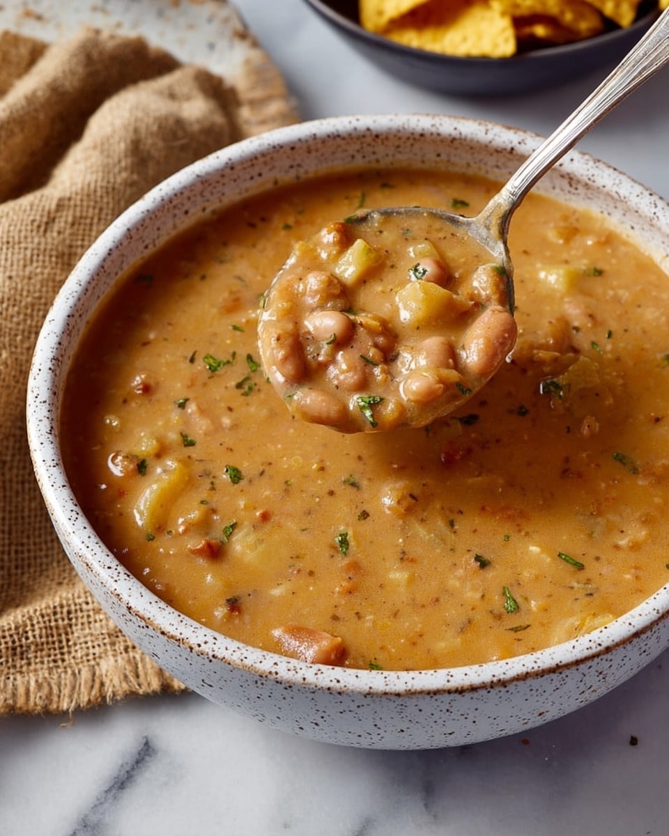 A close-up view of thick, creamy stew in a white-speckled bowl with a mixture of light brown and beige colors, showing chunky pieces of potatoes and beans. The stew surface is dotted with small green herb flecks. A silver ladle is lifting some of the stew, highlighting its dense and hearty texture with visible bits of cooked vegetables and beans. The bowl sits on a white marbled surface with a burlap cloth in the background, and a few corn chips are slightly visible on the side. photo taken with an iphone --ar 4:5 --v 7