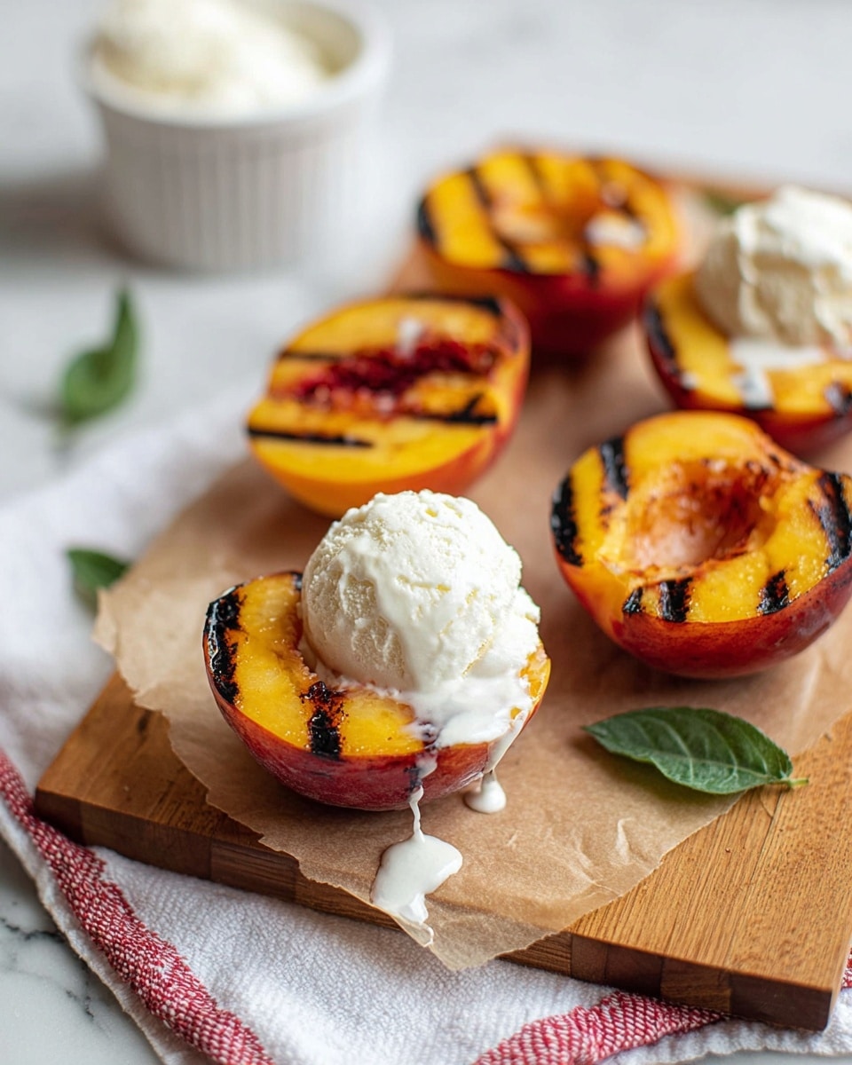The image shows six grilled peach halves arranged on a light wooden board over a white marbled surface. Three peach halves are topped with a single scoop of white vanilla ice cream, each scoop looking creamy and smooth with a slightly melting texture. The grilled peach halves have dark, charred grill marks in a grid pattern that contrast with the soft, golden-orange flesh. Small green leaves, likely mint or basil, are scattered around on the board and nearby surface, adding a touch of color. To the right, there is a white bowl with a red rim holding two more scoops of vanilla ice cream, one adorned with a small green leaf. The overall look is fresh, summery, and inviting. photo taken with an iphone --ar 4:5 --v 7